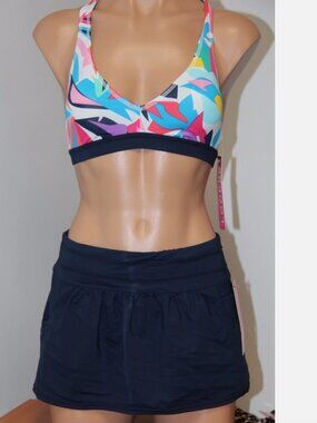 NWT Anne Cole Locker Swimsuit Bikini 2 pc set Sz XS T-Back Skirt Navy Multi